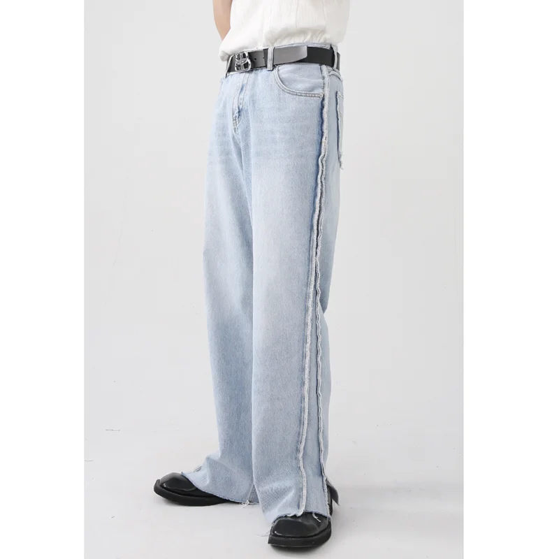 Men Clothing New Pattern Recreational Vintage Broad Leg Jeans Straight Cylinder Loose Sense of Design Burr Pants Autumn Female