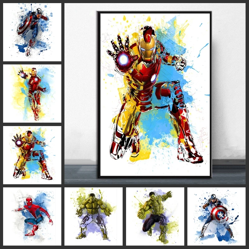 

Картина на холсте «Marvel Мстители», Классическая мультяшная акварель, искусство на стену, декор для детской комнаты