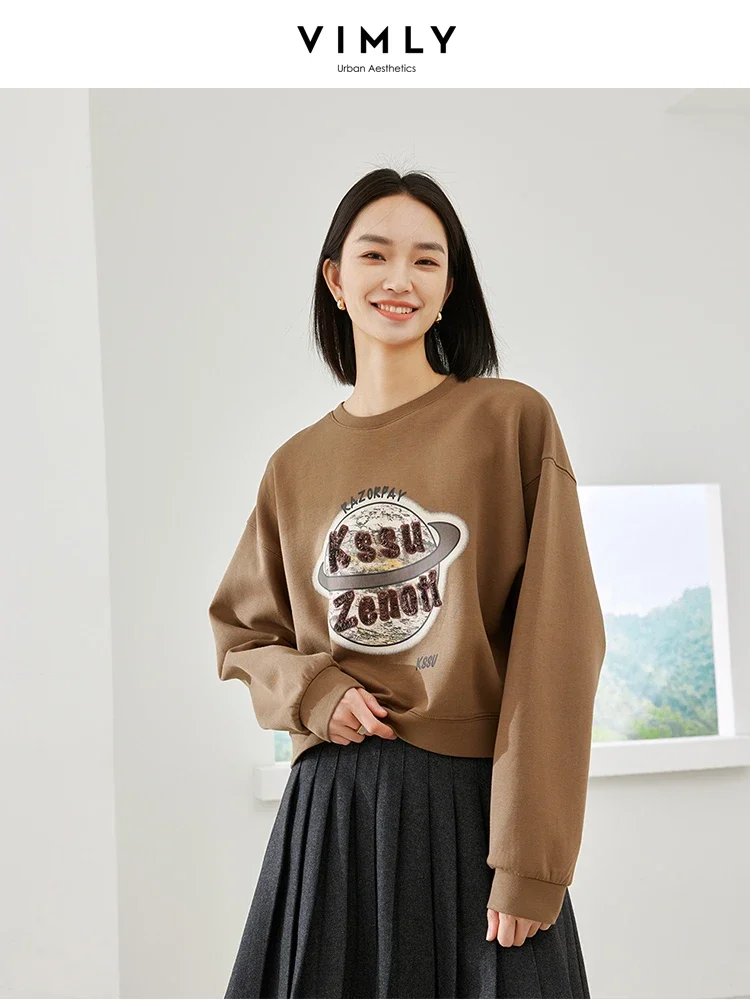 

Vimly Coffee Long Sleeve Women's Sweatshirt O-neck Cotton Pullovers 2023 Autumn Casual Loose Letter Printed Woman Clothing 16198