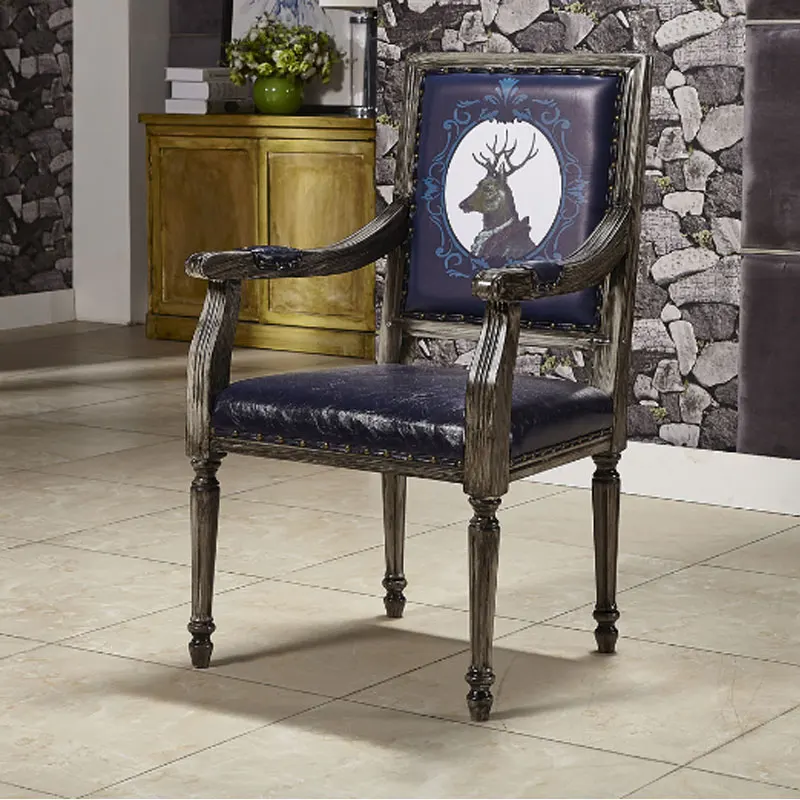 

European Solid Wood Dining Chair, Ash Retro Hotel Theme Restaurant Chair, Leather Soft Bag, Printed Back Chair