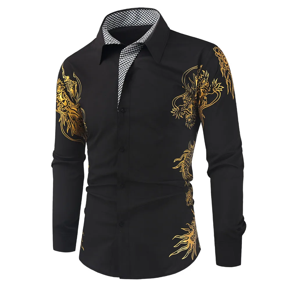 Bababuy Men's Long Sleeve Bronzing Printed Shirts Casual Slim Fit Royal Paisley Shirt Dragon Printed Shirt