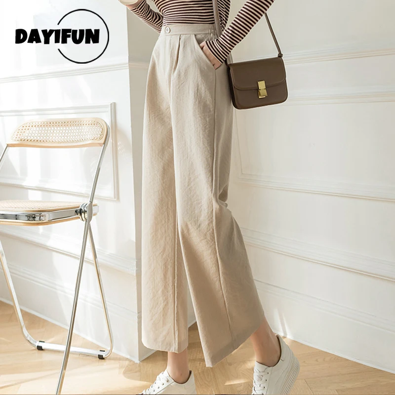 

DAYIFUN Fashion Wide Leg Pants Women Cotton Linen High Waist Long Pants Solid Color Pockets Black Khaki Trousers Spring Autumn
