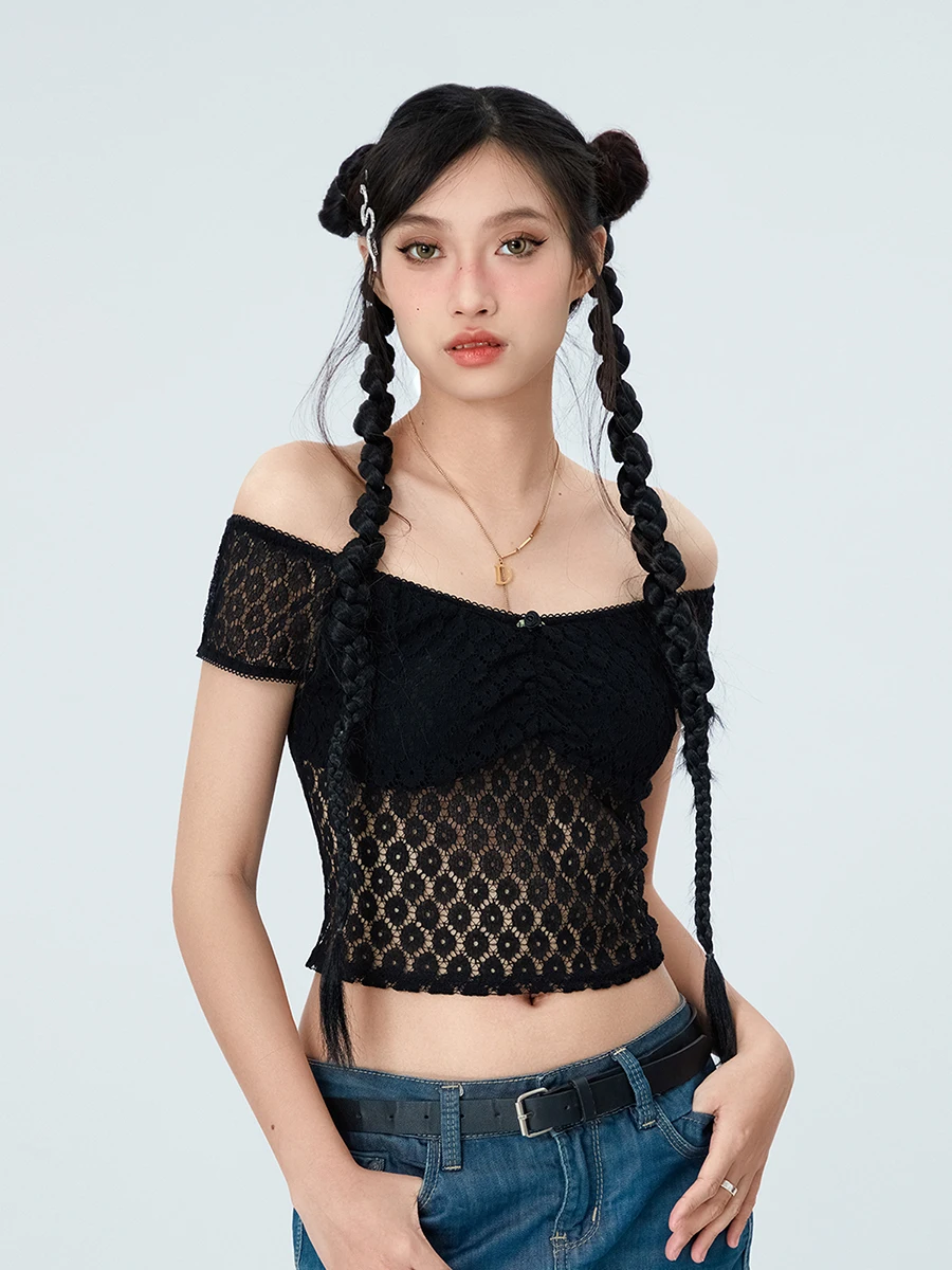

Women's Lace Crop Tops Sexy Versatile Basic Off Shoulder Short Sleeve Solid Color Fashionable Slim Fit T-Shirts Ladies Tops