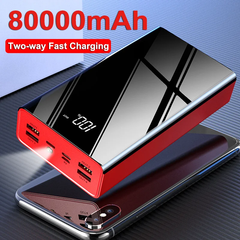 

80000mAh Portable Power Bank Two-way Fast Charging Digital Display External Battery with Flashlight For iPhone13 Xiaomi
