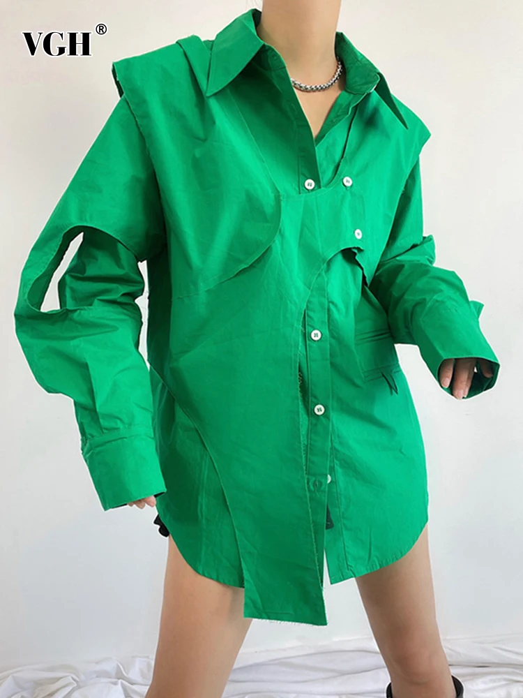 

VGH Straight Single Breasted Shirt For Women Lapel Long Sleeve Patchwork Detachable Cut Out Vests Solid Blouses Female Clothing