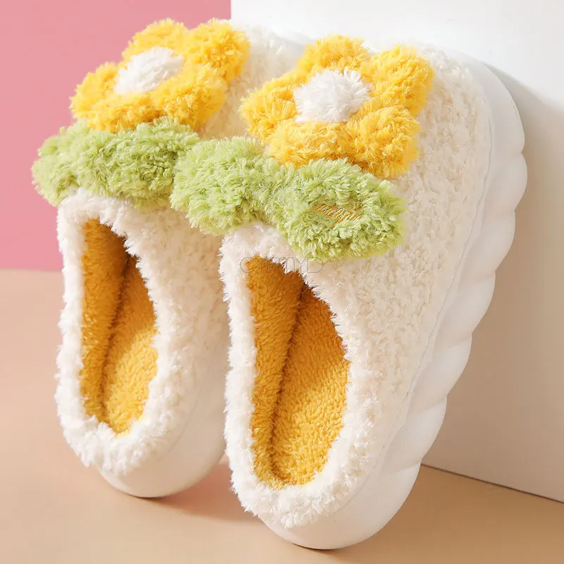 Furry Slippers for Women Cute Flower Platform Soft Slippers Female Plush Warm Winter Home Slippers Women Lovely House Shoes New