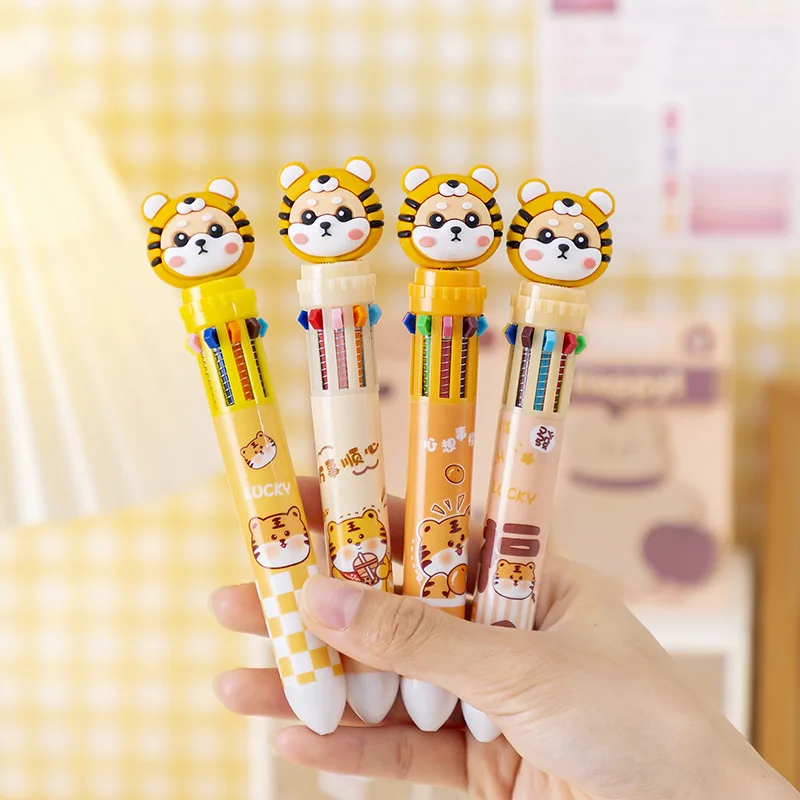 4Pcs/Lot Kawaii 10 Color Ballpoint Pen Cartoon Little Tiger Retractable Multicolors Pens Graffiti Pen Office School Stationery