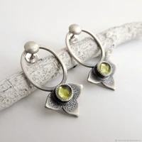 vintage circle flower metal hand thumped pattern earrings fashion silver plated inlaid green crystal drop earrings women