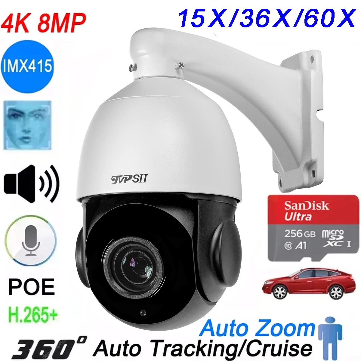 Max 256g Auto Tracking Cruise 8MP 4K 60X 36X 15X Zoom Rotati