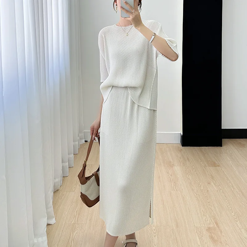 Женский комплект Miyake с коротким рукавом новинка ленивого стиля однотонное