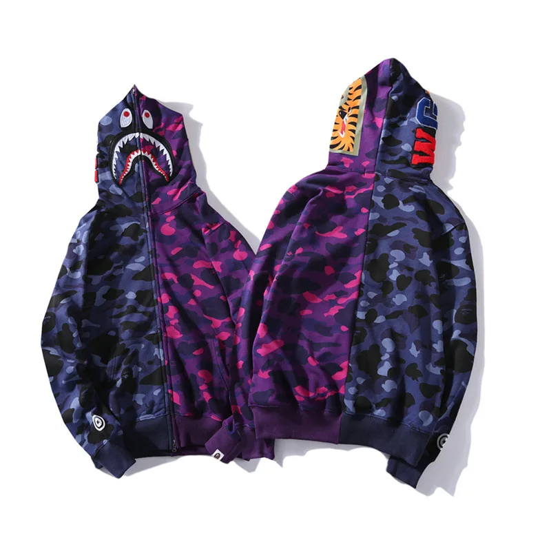 

Женская толстовка с капюшоном Bape, сине-фиолетовая камуфляжная куртка с капюшоном и вышивкой, на молнии, весна-осень