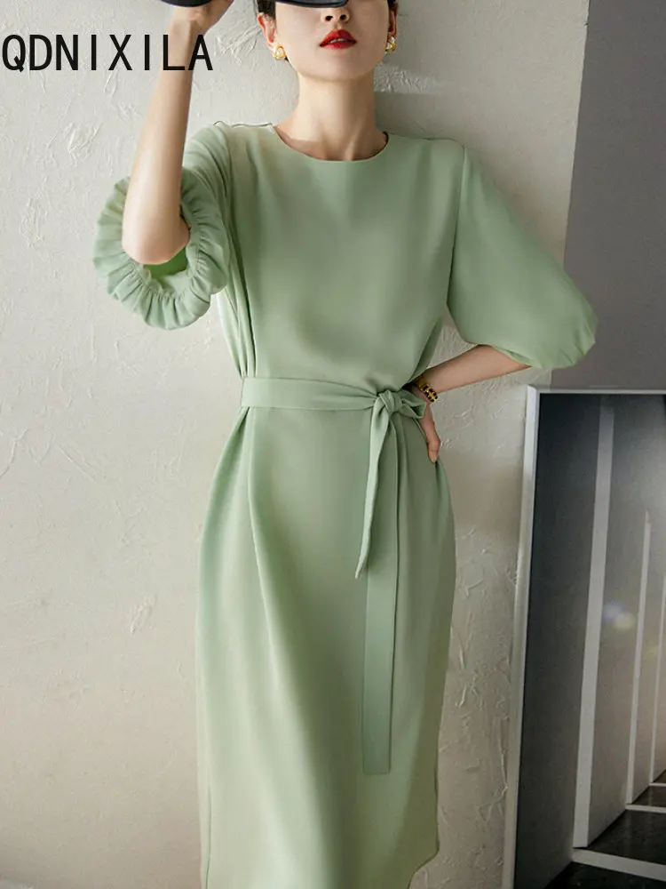 

Летнее платье, красивое зеленое платье-трапеция с рукавами-фонариками и круглым вырезом, женское платье средней длины со шнуровкой, новинка 2023, корейские элегантные женские платья
