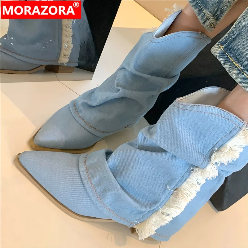 

MORAZORA 2023 New Denim Pleated Slip On Spring Boots Fashion Pointed Toe Mid Calf Boots Square Med Heels Women Shoes