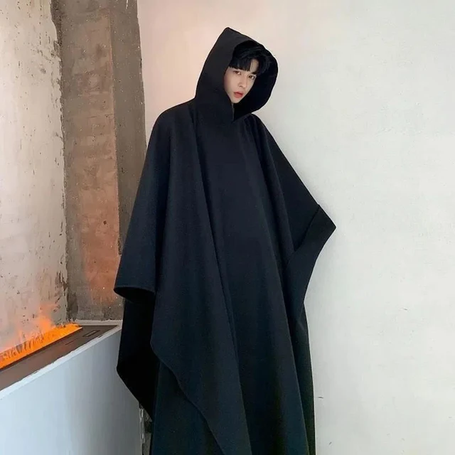 2023 Men Japan Street Style Hooded Robe Cloak Trench Coat Outerwear Male Gothic Punk Fashion Show Pullover Long Jacket Overcoat 1