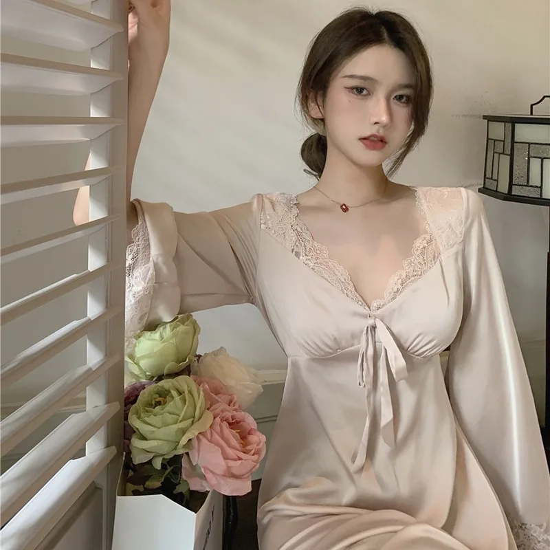 Women's Elegant Nightgown French Style Lace Ladies Summer Long Sleeve Night Dress Solid Bow Sexy Homewear Nightdress For Female