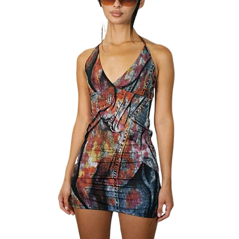 

New Women's Personalized Printing Slim Fit V-neck Short Skirt Hanging Neck Lace Up High Waist Tight Dress