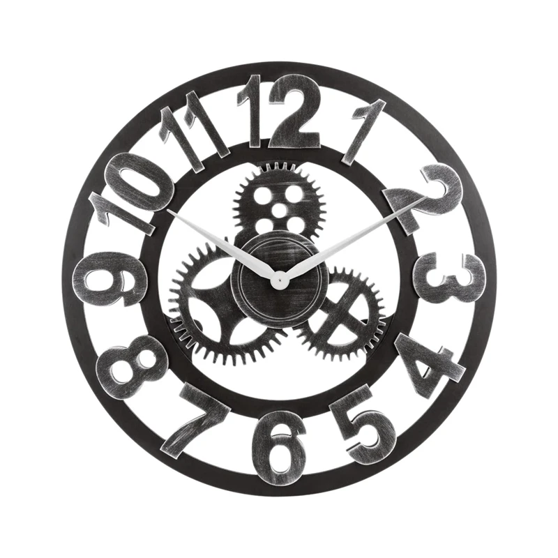 

NEW-15.75 Inch 3D Rustic Wall Clock With Gear Decorative Vintage Clock With Numerals For House Warming Gift