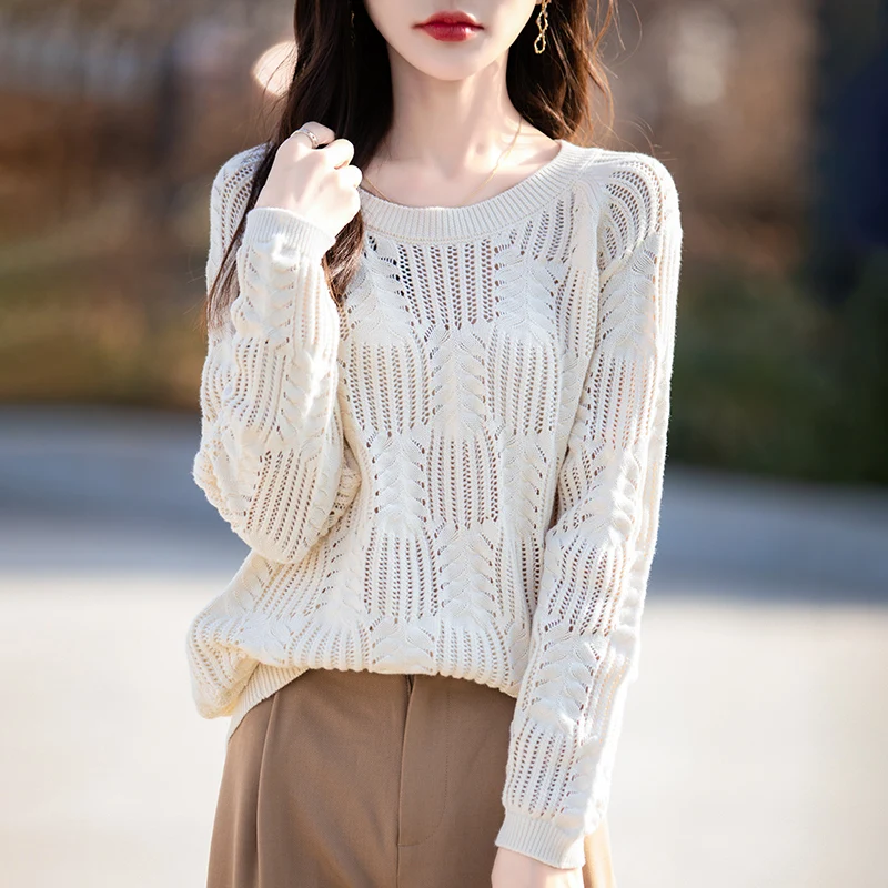 Женский вязаный свитер из 100% хлопка Свободный пуловер с длинными рукавами и