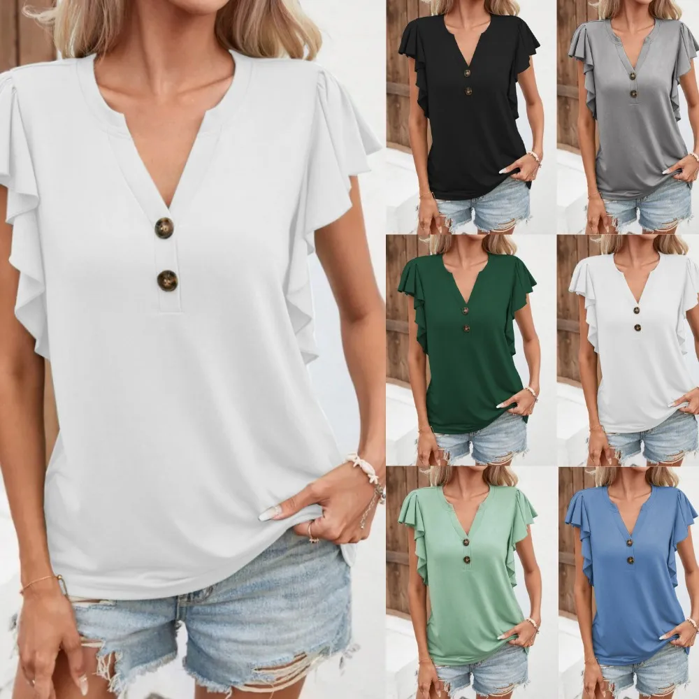 

Elegant Women Tees Casual Top 2023 Summer V-neck Ruffle Sleeve Solid Imitation Cotton Loose Soft Comfortable T-shirt S-XXXL