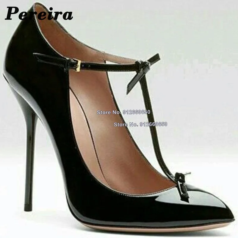 Pereira Solid Bow Knot T-strap Pumps for Women Pointed Toe Buckle Strap Block Heel Wedding Shoes Thin High Heel Shoes on Heels