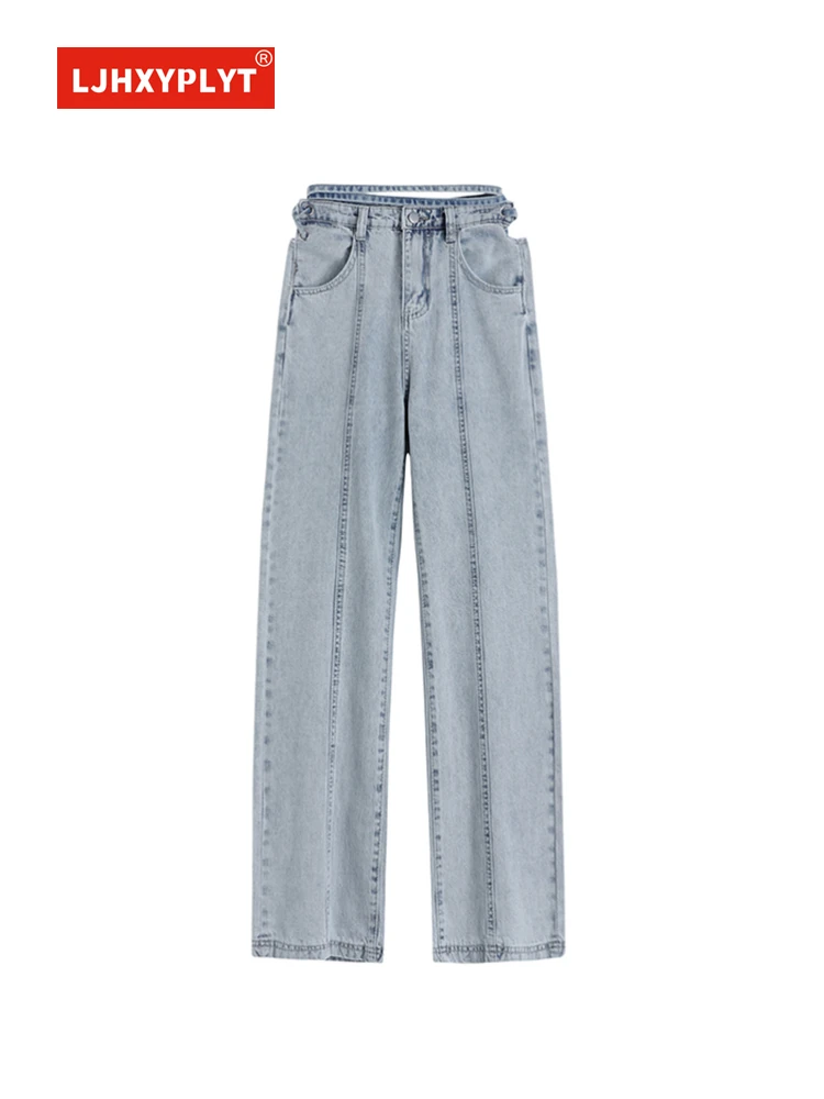 

Back Waist Hollow Lace-up Blue Jeans Women's Summer New Retro HK Style Design Plain High Waist Straight Leg Denim Pants Female
