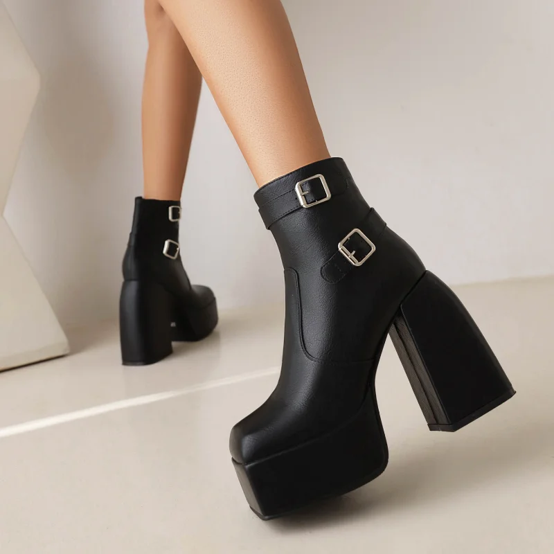

Chunky Heel Platform Women Leather Short Boots Side Zipper Ankle Boots Square Toe Fashion Women Dress Shoes 2022 Botas Mujer