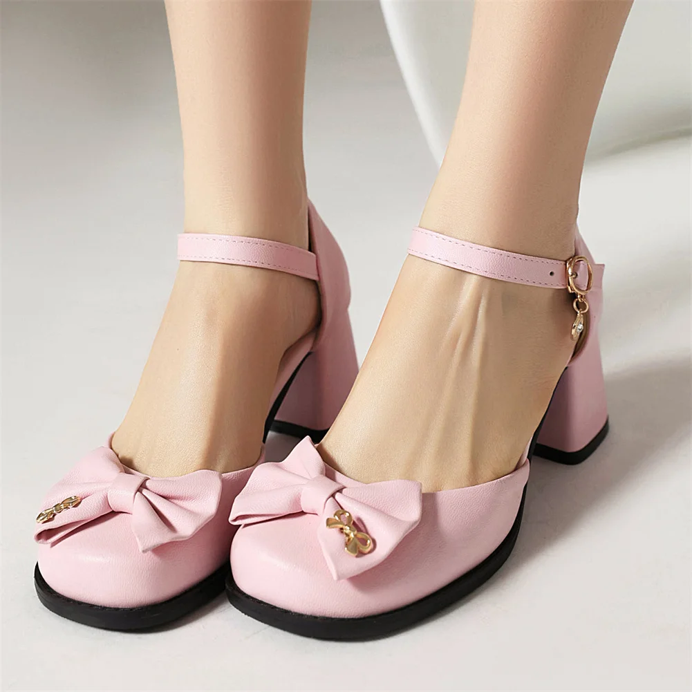 

2023 Sweet Cute Big Size 43 Brand Summer Bow Tie Square High Heels Leisure Women's Sandals Lolita Office Lady Shoes Woman