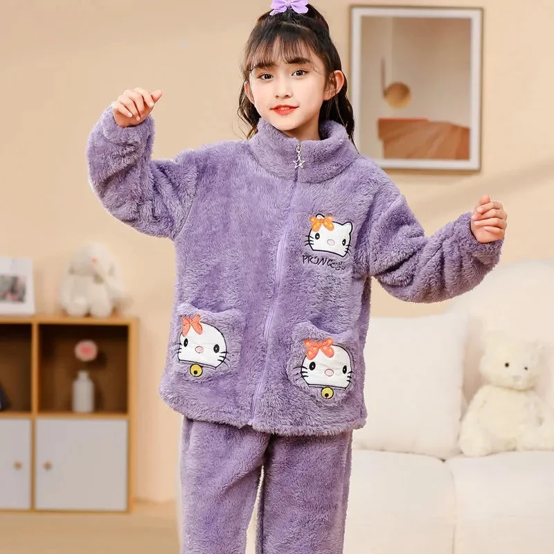 

Sanrio Kawaii Hello Kitty Pajamas Anime Winter New Coral Velvet Thickened Warm Children's Home Clothes Set Cute Halloween Gift