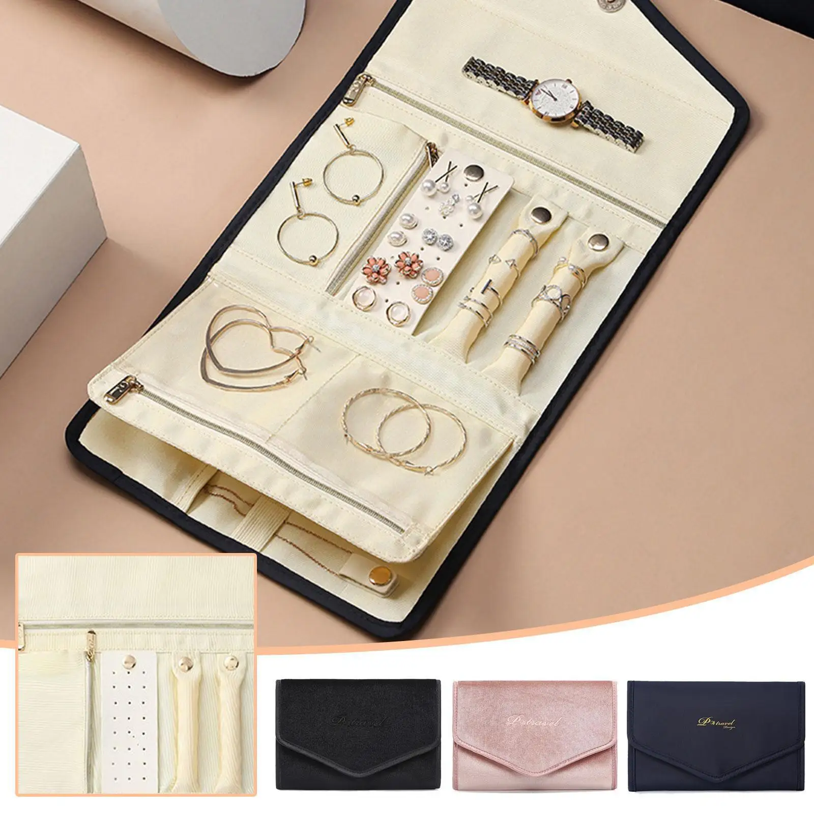 

Portable Travel Jewelry Organizer Roll Zippered Foldable Jewelry Ring Bag Studs Storage Earring Holder Carrying Case Neckla X3T8