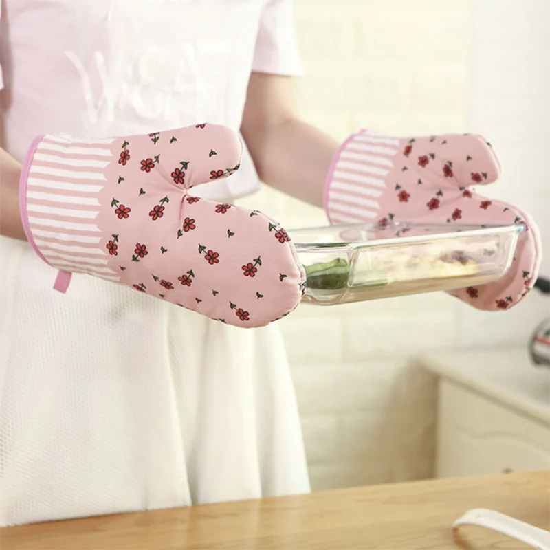 Mitten Microwave Oven Glove Cotton Insulated Mat Baking Heat Resistant Gloves Oven Mitts Terylene Non-slip Cute Kitchen Tool