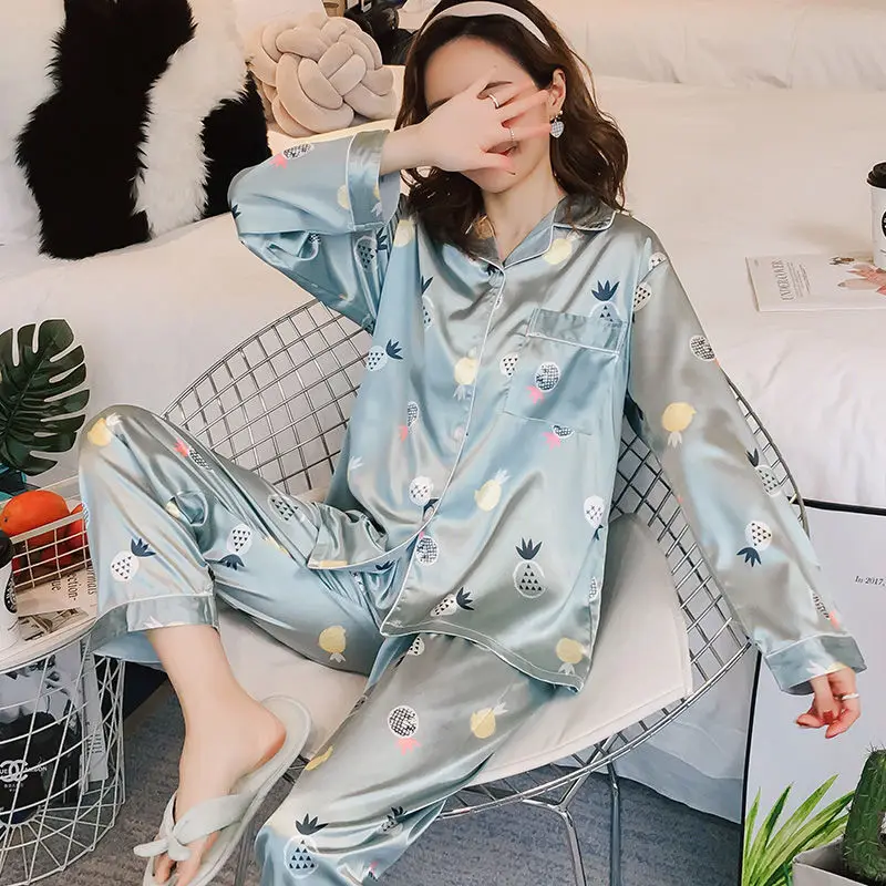 Autumn Women Pajamas Silk Satin Long Sleeve Trousers Two Piece Pyjamas Pajama Sets Sleepwear Turn Down Collars Female Loungewear