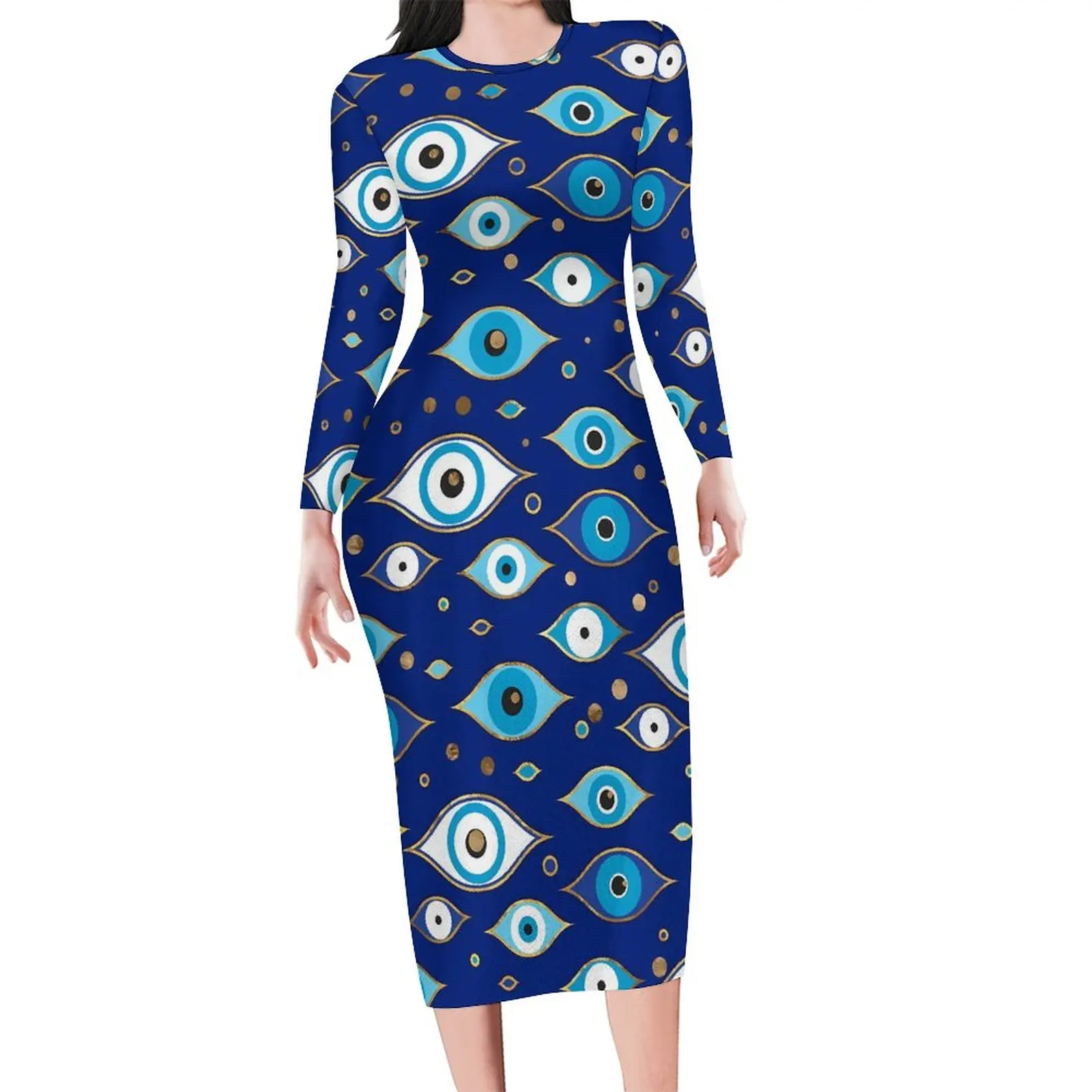 Женское платье с длинным рукавом принтом сглаза