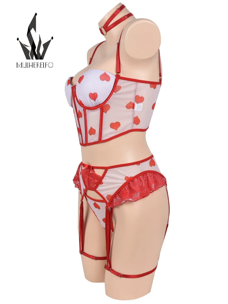 Mulherelfo Lingerie For Women Heart Print Erotic Ruffles Garter Fancy Underwear Sexy G-String Thongs Red Lace 4-Pieces Outfits