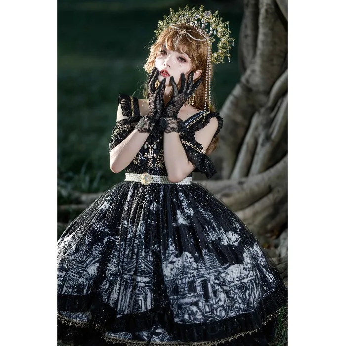 

Black Gothic Style Halloween's Night Original Design Women's Lolita Suspender JSK Dress Off-Shoulder Girl Summer One Piece