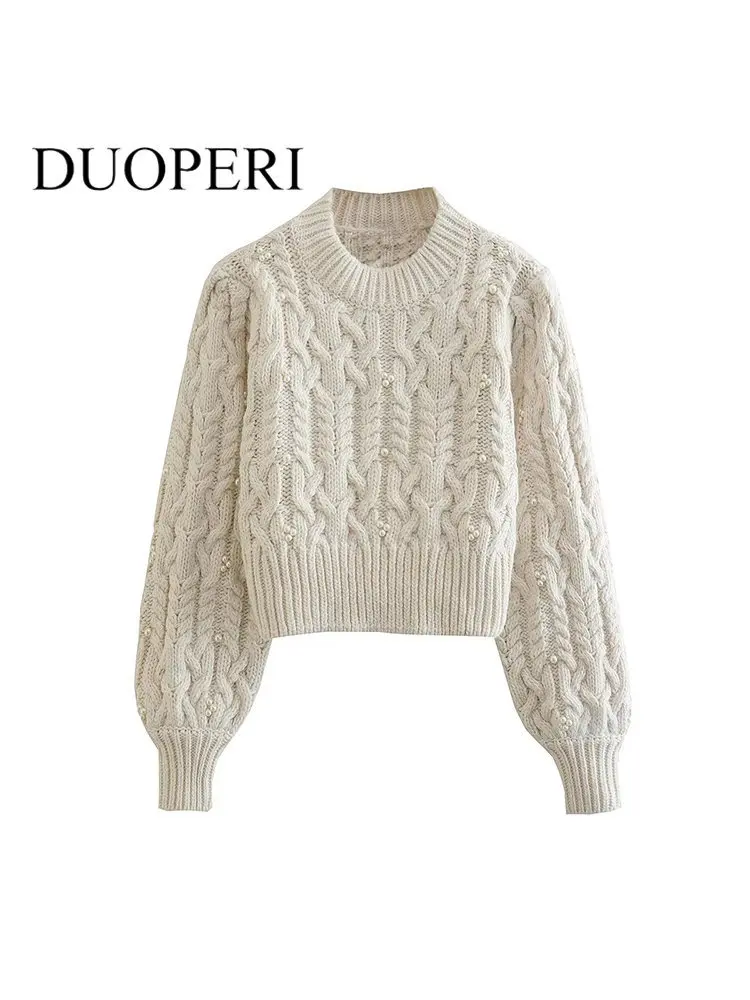 

DUOPERI Women Fashion Soild Knitted Pullover Sweater With Pearls Vintage O-Neck Long Sleeves Female Chic Lady Tops