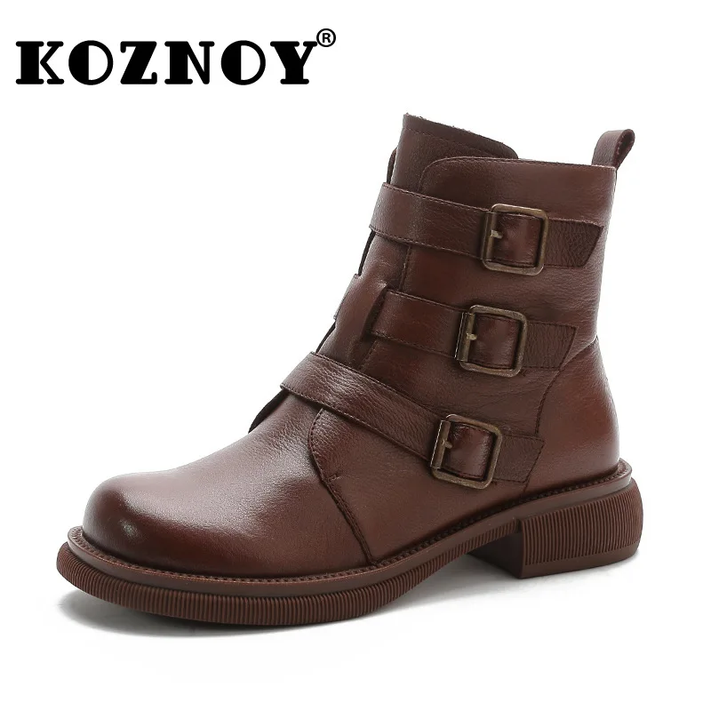 

koznoy 3.5cm 2022 Retro Genuine Lesther Autumn Winter Motorcycle Mid Calf Snkle Boots Round Toe Zipper Woman Belt Buckle Shoes