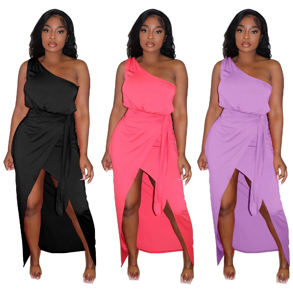 

2022 Summer Women Sexy Nightclub Solid Slim Shoulder Irregular Dress