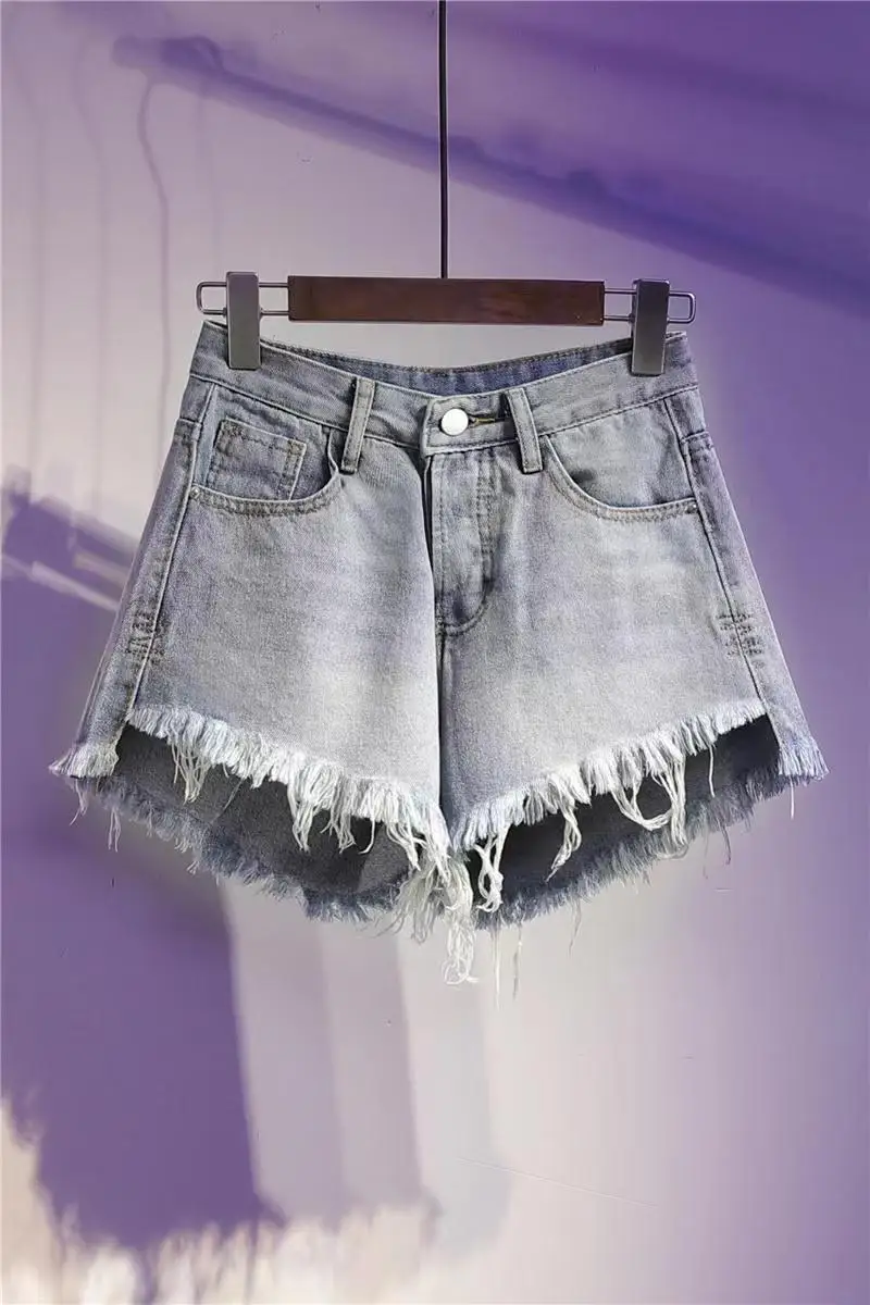New Casual High Waist Denim Shorts Women Summer Pocket Tassel Hole Ripped Jeans Female Femme Short Pants N16