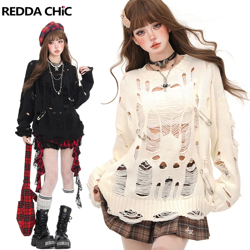 ReddaChic женский ажурный джемпер с большими булавками осенний однотонный длинными