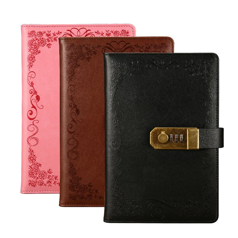 A5 High-quality Leather Password Book Paperback with Lock Notebook Vertical Stripe Notepad Student General Thickened Diary