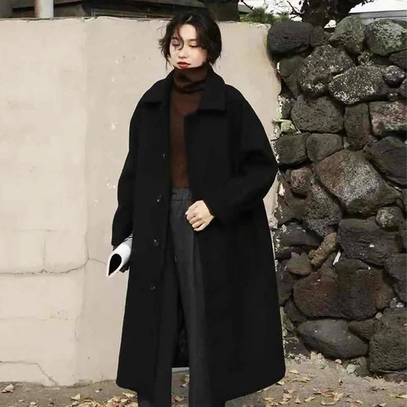 

Свободное черное шерстяное пальто, женское элегантное пальто выше колена в Корейском стиле Хепберн средней длины, Новая женская верхняя одежда на осень и зиму