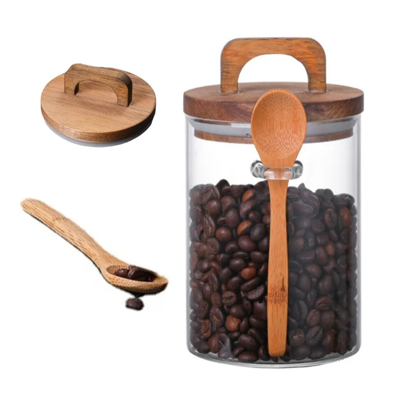 

Storage New Way 700-1000ml Round Glass Sealed Tank with Handle Wooden Lid Spoon Tea Coffee Sugar Seasonal Jar Bottles Gift Box