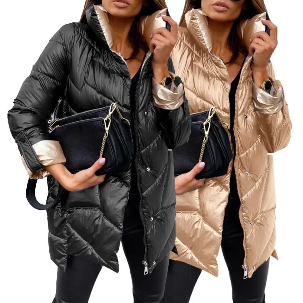 Thick Jacket Solid Color Outwear Zipper Stand Collar Retractable Sleeves Jacket   Quilted Coat  for Outdoor