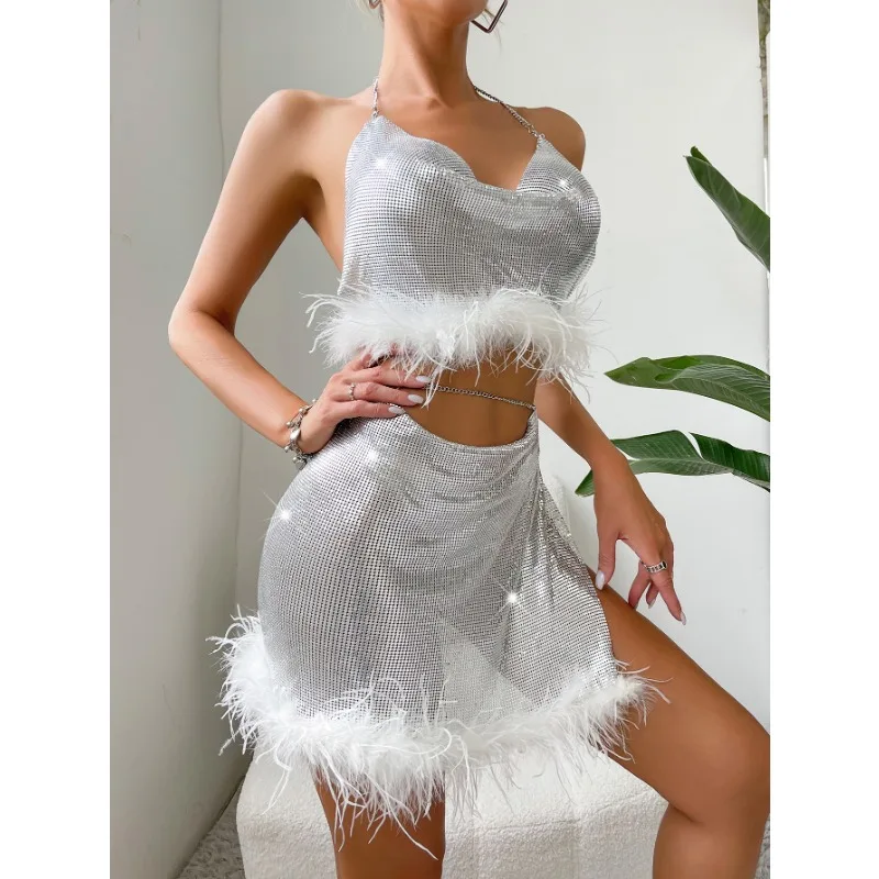 

Solid Sequin Feather Slim Two Piece Set Women Sexy V Neck Halter Backless Crop Tops High Waist Slit Mini Skirts Club Streetwear