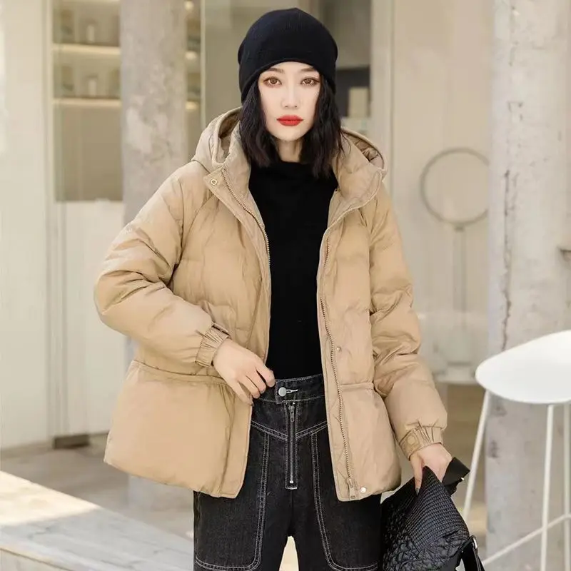 Women White Duck Down Jacket Autumn Winter Warm Casual Loose Outwear with Hood 2023 Fashion New Ladies Zipper Buttons M34