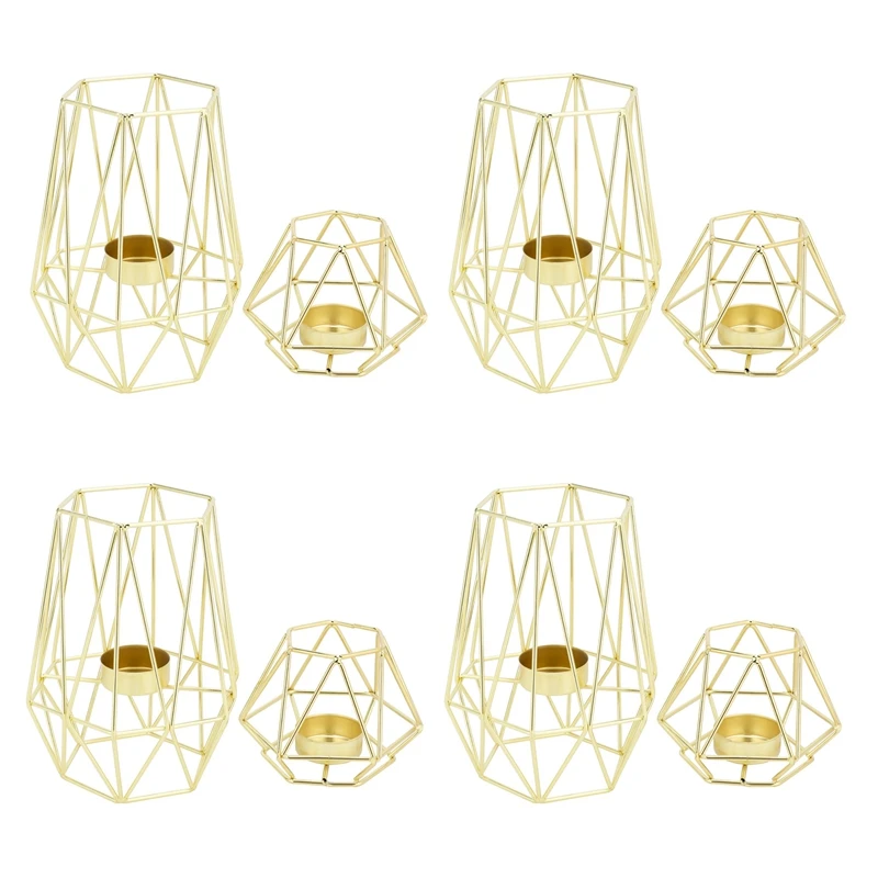 

8X Gold Geometric Metal Tealight Candle Holders For Living Room & Bathroom Decorations