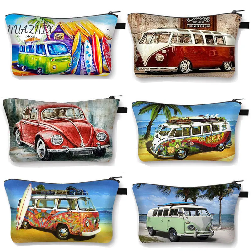

Retro Car On Seaside Vacation Cosmetic Bags Women Makeup Bag Girl Ladies Portable Eco Storage Lipsticks Organizer Small Cases