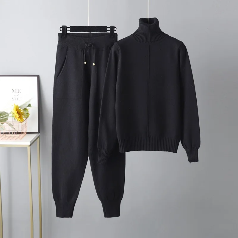 

Office Lady Knit High Waist Pants Set Vintage Long Sleeve Stand Collar Sweater Autumn 2023 Elegant Solid Jumper Suit for Women