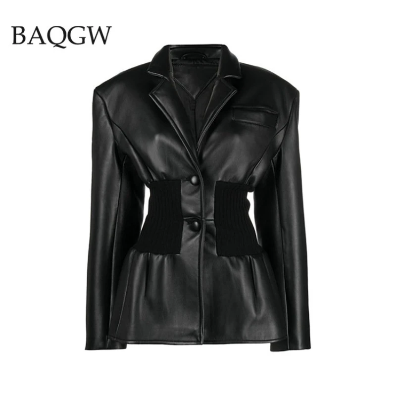 

Женский Однобортный блейзер из искусственной кожи, черная туника, узкий трикотажный дизайнерский Роскошный Блейзер с лацканами и длинным рукавом, пальто