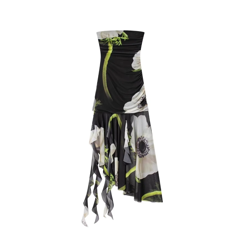 

Новинка лета 2023, модное привлекательное приталенное Тюлевое платье-топ с принтом, длинное платье без рукавов с одним вырезом